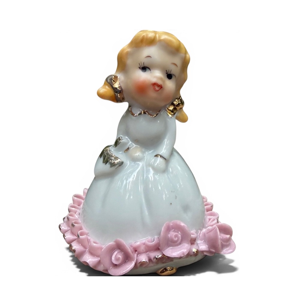Vintage Lefton Bell Girl Figurine 1452 White Dress Pink Roses Gold Trim Japan